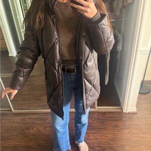 Women's Brown Pleather Quilted Jacket with Hood